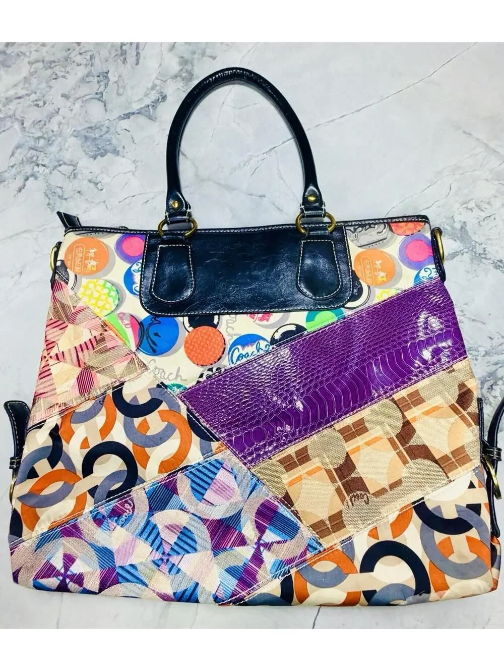 Coach Patchwork Tote Bag Multicolor Signature Satchel Purse
